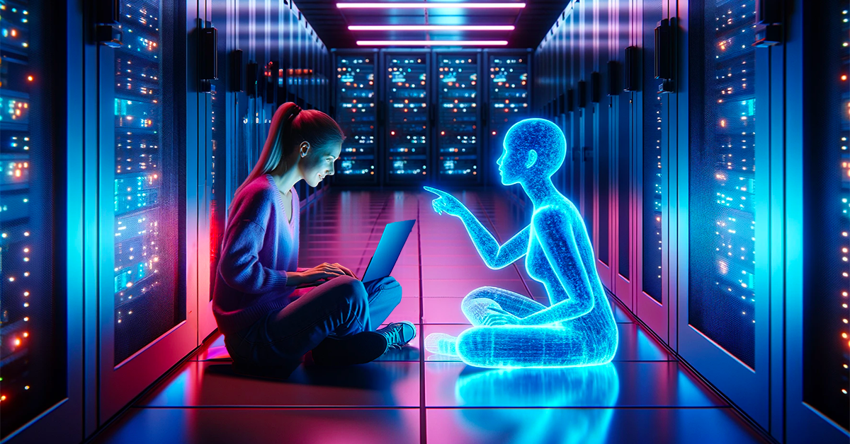 A software engineer and a hologram from their future sitting in a server room coding
